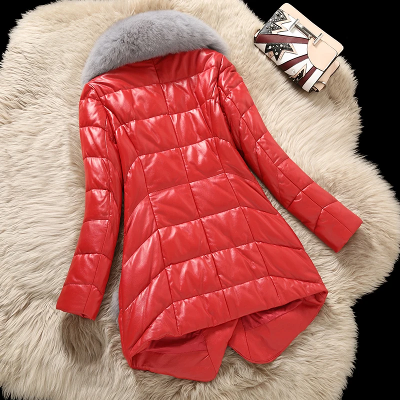 

Winter Genuine Sheepinskin Leather Women's Jacket New Natural Fox Fur Long Duck Down Jacket Female Plus Size LX933