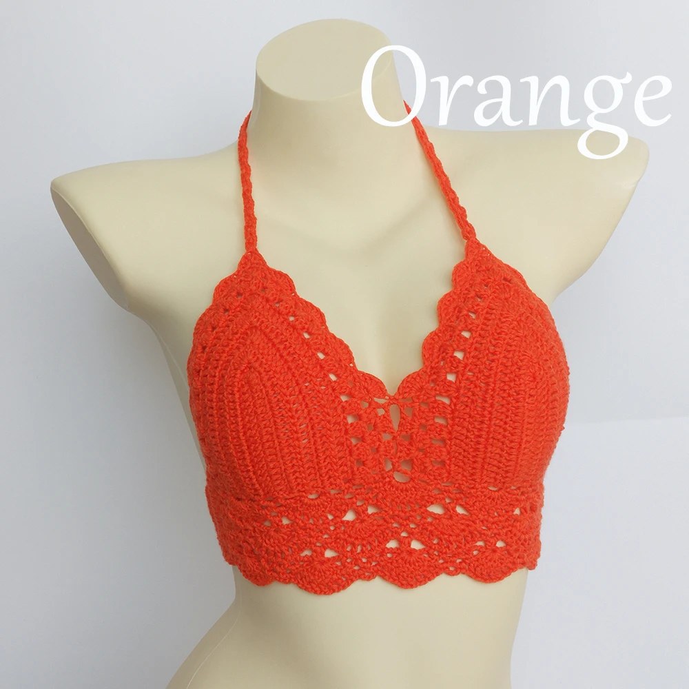 10 Colors Have Lining Womens Bikini Top Sexy Crochet Knit Separate Female Swimsuit Push Up Bra Beachwear Plus Size Bathing Suits - Цвет: orange top