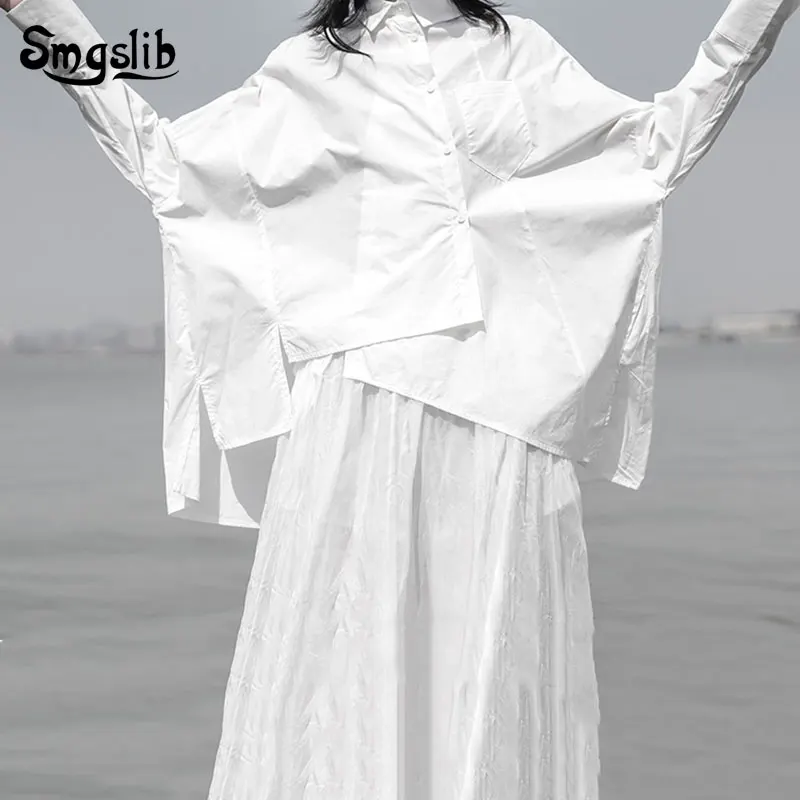 

2019 New Autumn Winter Stand Collar Long Sleeve White Pleated Spliced Loose Two Piece Shirt Women Blouse Fashion
