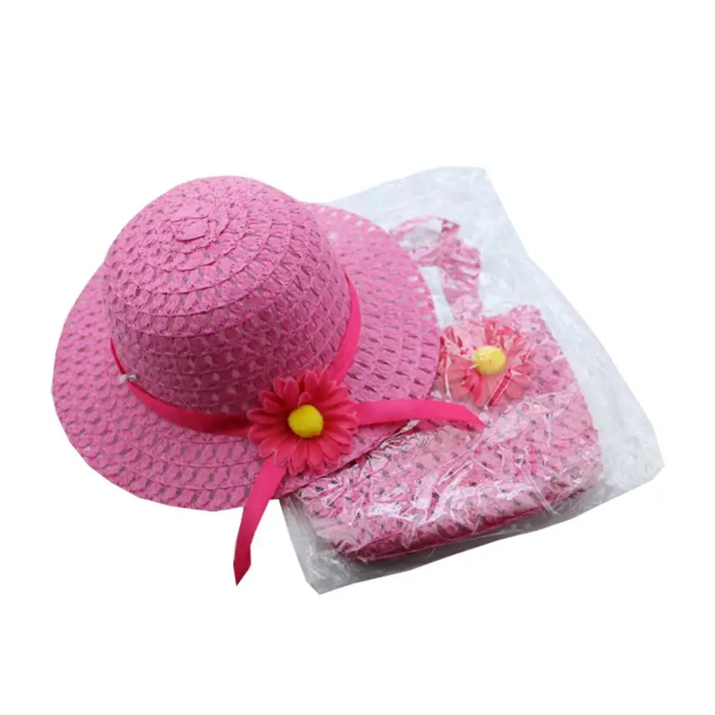 Flower Sun Straw Hat With Handbag Beach Suit Kid Girl Beach Hat Portable Summer Sun Cap Outdoor Riding Purse Sets With 2 Handles