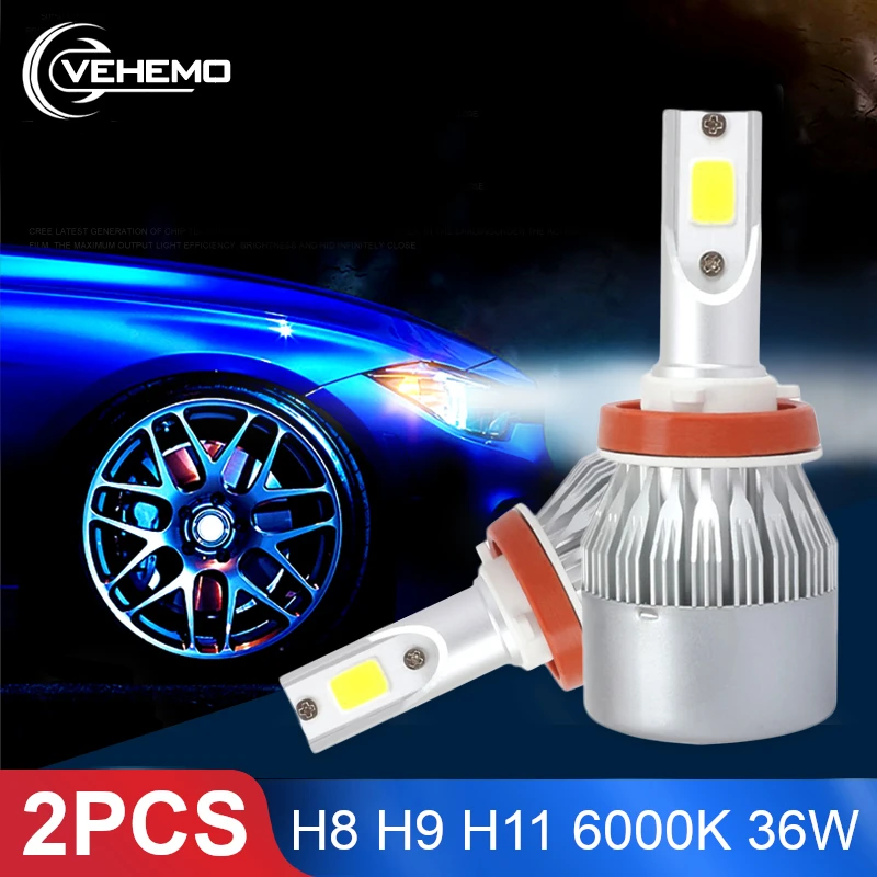 2PCS H8 H9 H11 Car LED Headlights Bulb 6000K Cool White 36W 4000LM COB Chip LED Light Bulb Automobiles Parts Lamp LED Canbus
