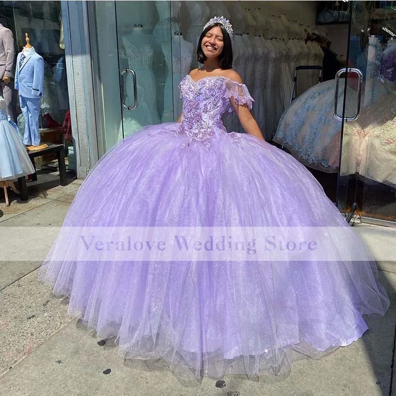 

2021 Lavender Puffy Ball Gown Quinceanera Dresses Appliques Lace Sweet 16 Dress XV Vestido De 15 Anos Quinceanera