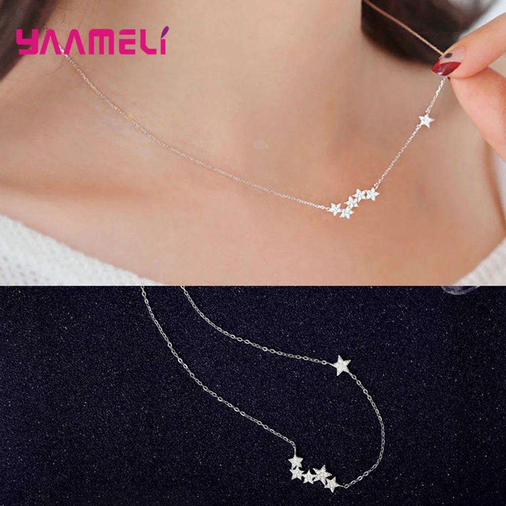 Hot Sale S925 Sterling Silver Necklaces Clear Cubic Zircon Mirco Setting Stars Women Female Wedding Dress Decoration Accessory