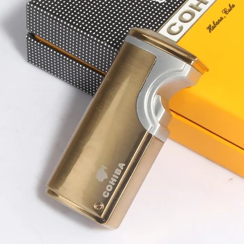 

COHIBA Electric Lighter Usb Creative Metal Windproof 3 Flame Torch Lighters Gasoline Fuel Butane Lighter Recharging