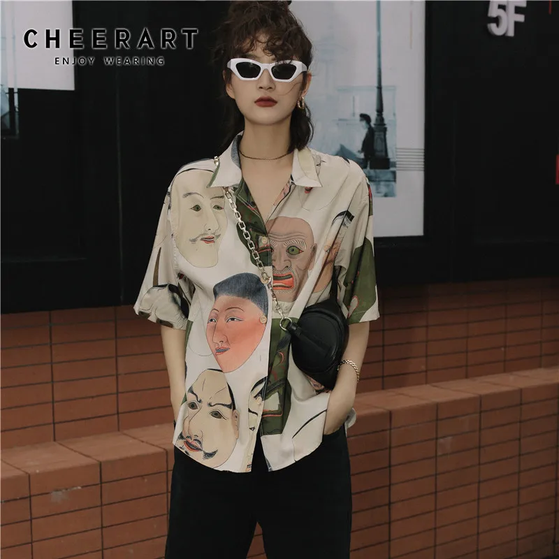 

CHEERART Japanese Streetwear Ukiyoe Print Summer Blouse Women 2020 Collared Button Up Shirt Short Sleeve Top And Blouse Clothing