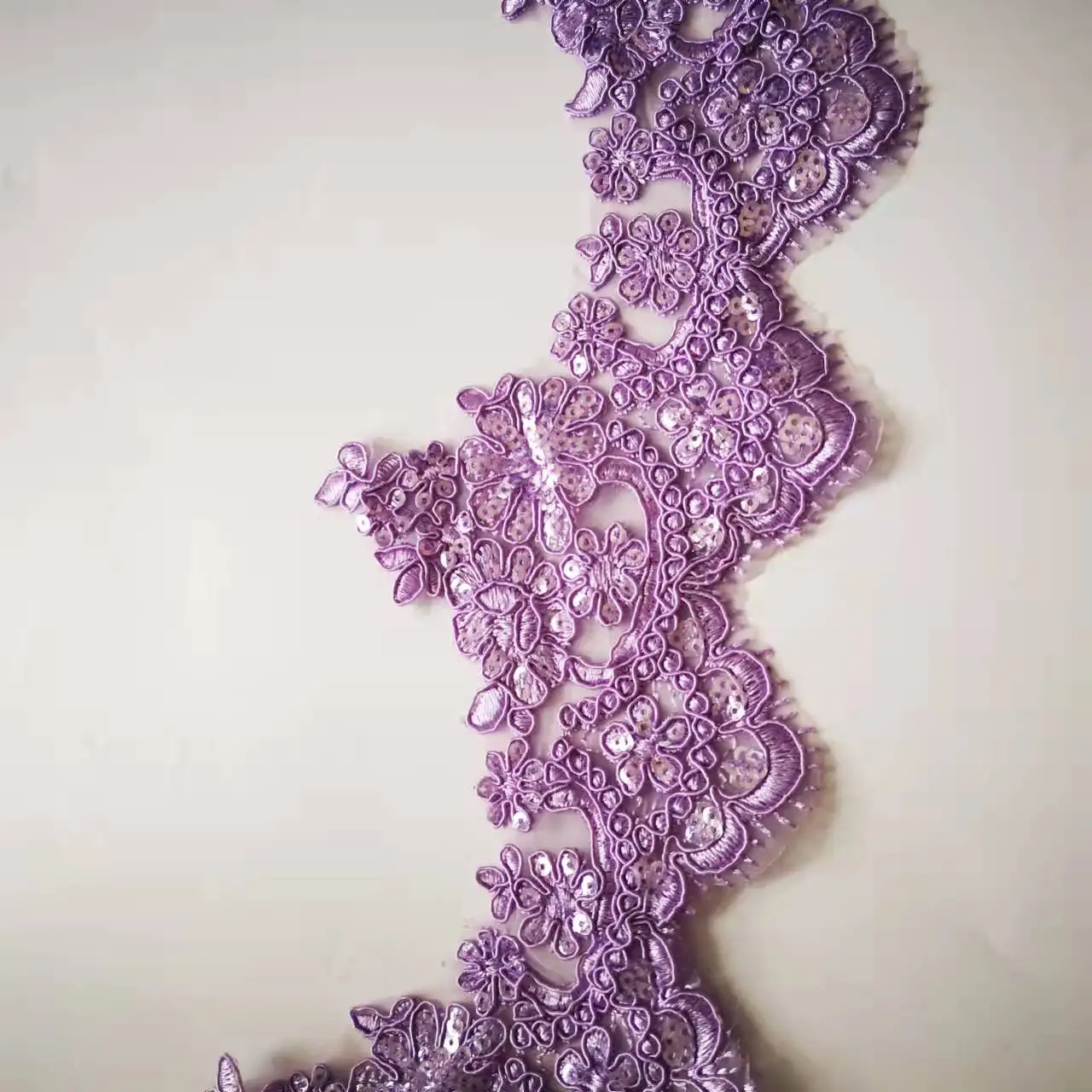 1 야드 보라색 자수 스팽글 레이스 트림 신부 웨딩 드레스 의상 디자인 레이스 메쉬 DIY 장식 13cm