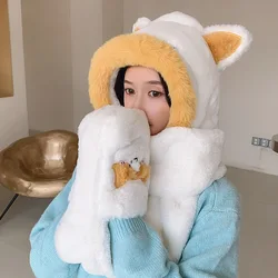 Cute Cat Ears Color Matching Plush Hooded Scarf One Female Winter Warm Ear Protection Hat Gloves Three Piece Set