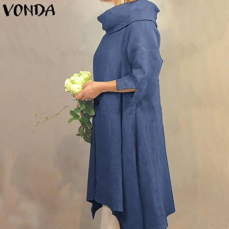 VONDA миди платье женское осеннее однотонное хлопковое длинное платье с коротким рукавом повседневные свободные вечерние платья больших размеров Femme S-5XL