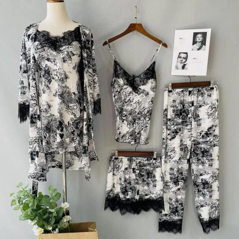 

Sexy Pajamas Five Piece Set Spring Summer Female Pijamas Suit Sleepwear Print Flower Lace Trim Nightwear Loose Bathrobe Homewear