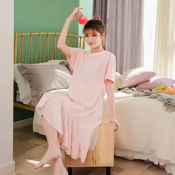 

Summer New Nightdress Female Pure Cotton Short-sleeved Thin Dress Casual Comfortable Mesh Splicing Printing Sweet Home Service
