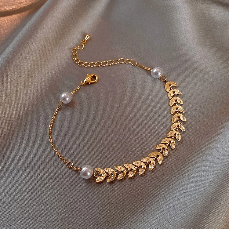 

Pearl Wheat Leaves Bracelets INS Non-mainstream Design Best Friend Students Sisters Bracelet Extendable Pull-out Hand Jewelry