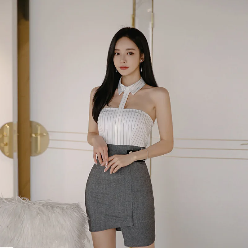 

2019 Spring New Style Korean-style WOMEN'S Wear Stand Collar Sexy Halter Sheath Slim Fit Short Skirt Dress