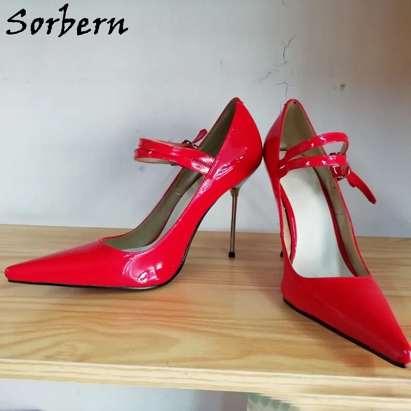 Sorbern Classical Red Patent Women Pumps Double Straps Mary Janes Ladies Shoe 12Cm Metal High Heel Stilettos Night Club Footwear