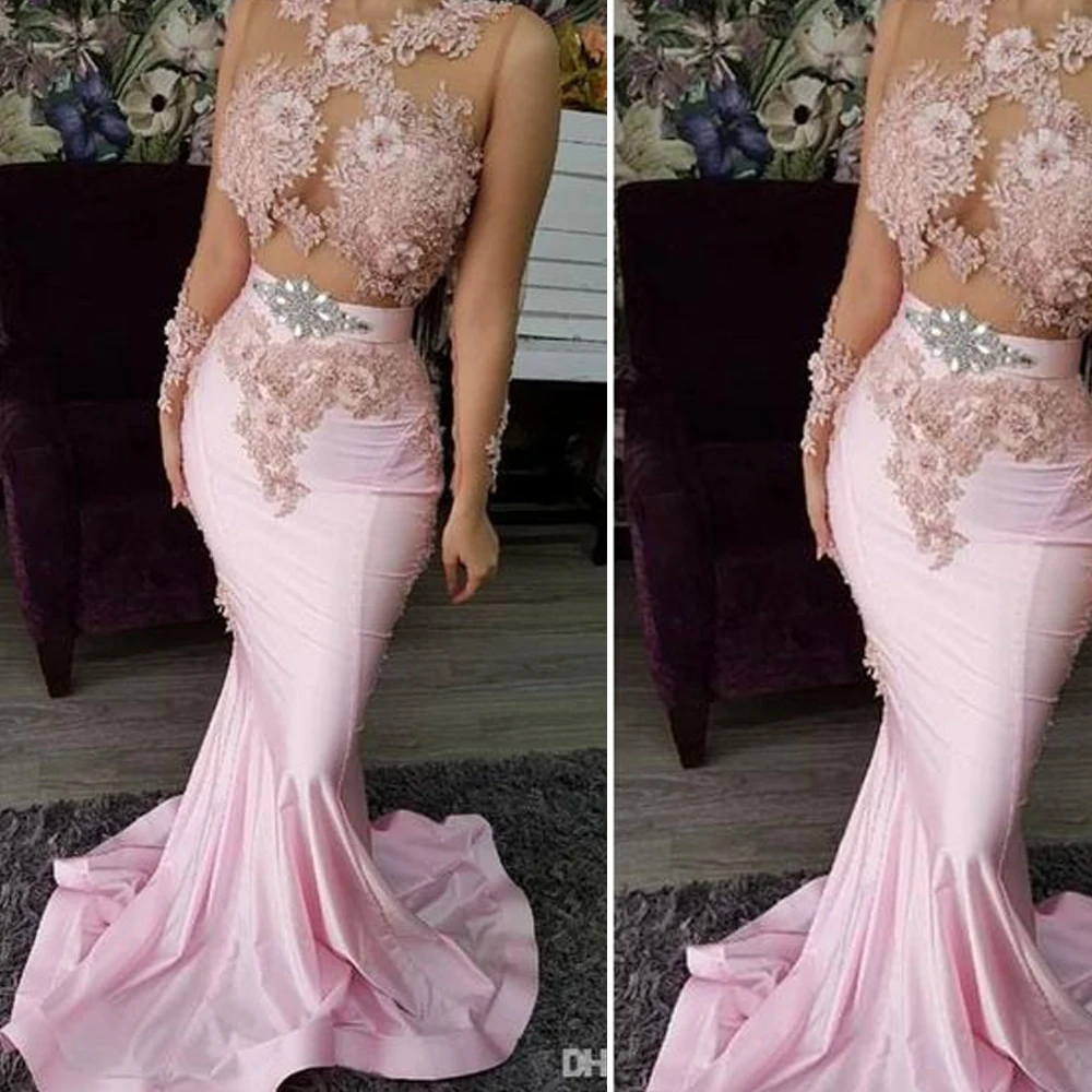 

flowers pink prom dresses sheer bodice mermaid sexy evening dresses court train satin formal dress