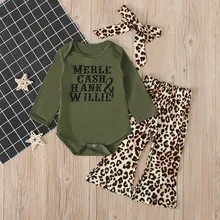 Одежда для новорожденных и маленьких девочек; топы с надписью; комбинезон с леопардовым принтом; расклешенные брюки; комплект одежды; Повседневная хлопковая детская одежда для девочек