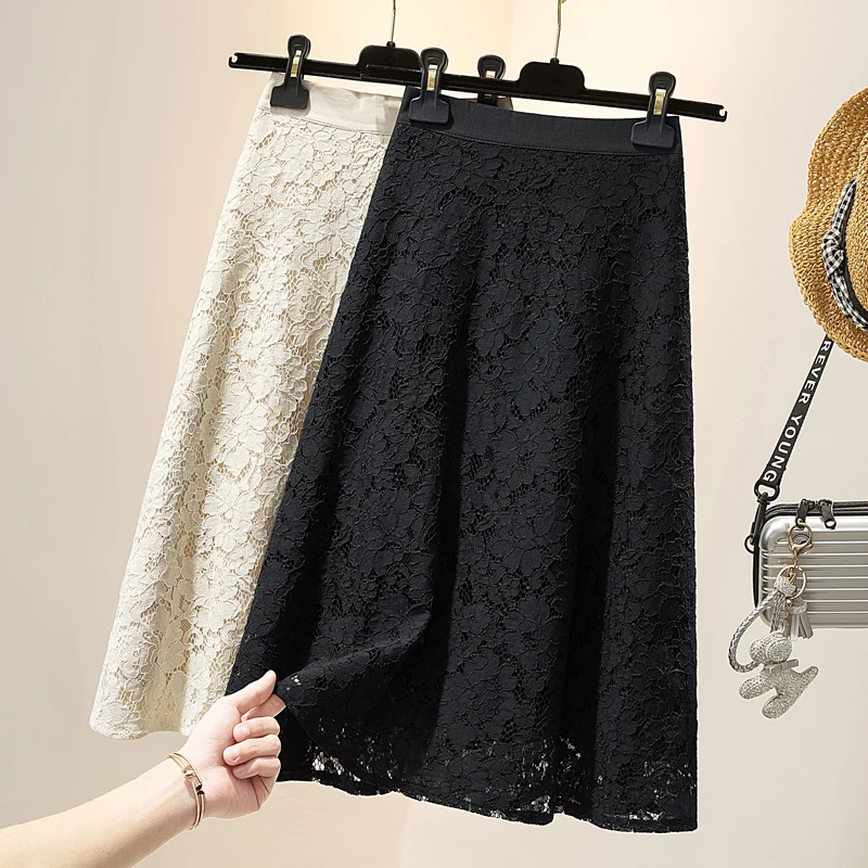 Elegant Lace Skirt Medium Length Sexy Party Skirt Women 2022 Solid Office Ladies Work OL Midi Skirt Pleated Skirt