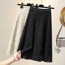 

Elegant Lace Skirt Medium Length Sexy Party Skirt Women 2021 Solid Office Ladies Work OL Midi Skirt Plus Size Pleated Skirt