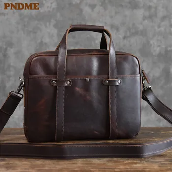 

PNDME vintage high quality genuine leather men's briefcase business casual cowhide handbag office laptop shoulder messenger bags