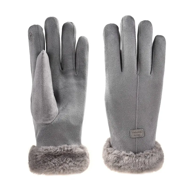 2021 Winter Cycling Woman Gloves Bicycle Touchscreen Warm Faux Fur Deerskin Velvet Outdoor Sport Female Full Finger Mittens Gray woman ski gloves winter waterproof cold warm gloves mobile phone touch screen snow gloves motorcycle cycling adjustable mittens