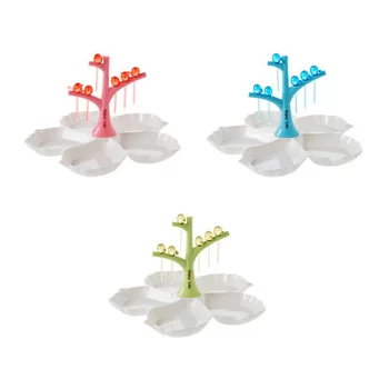 

Storage Trays Flower Shape 5 Compartments Fruit Plate And Bird Fork Tree Set Plastic Cake Snack Tray For Wedding Birthday Party