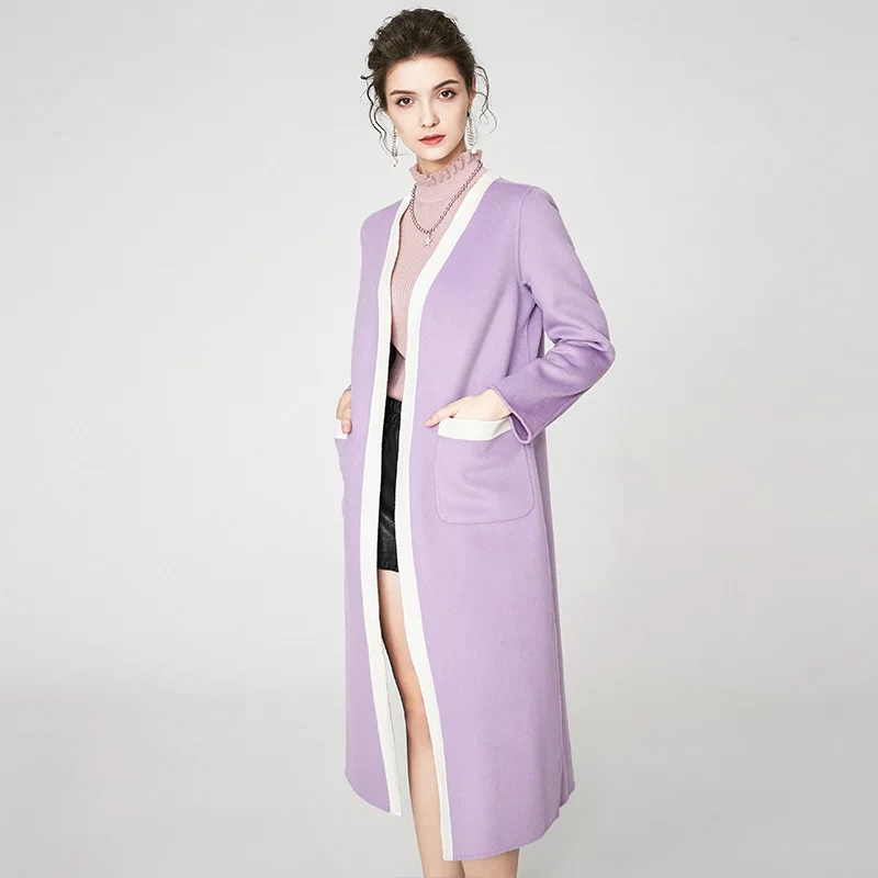 Light Purple Зимние женские пальто высокого класса модное кашемировое пальто ремень со строчкой шерстяное пальто шерстяное пальто Женская куртка - Цвет: Light Purple