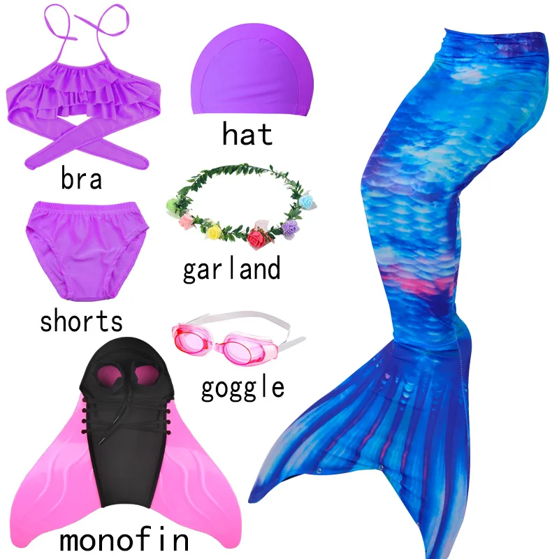 ; комплект из 3 предметов на Хэллоуин; детский купальник с хвостом русалки и шортами для девочек; платье для плавания с топом для девочек - Цвет: 7pcs monofin-F
