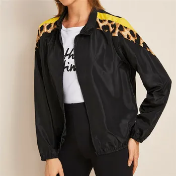 

Leopard autumn spring coats women ladies long sleeve slim outwear tops fashion casual clothing zipper patchwork Punk Jacket coat
