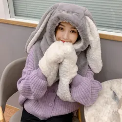 Autumn and Winter Hat Female Plush Thick Double-layer Northeast Hat Warm Cycling Neck Scarf  Gloves One Gift
