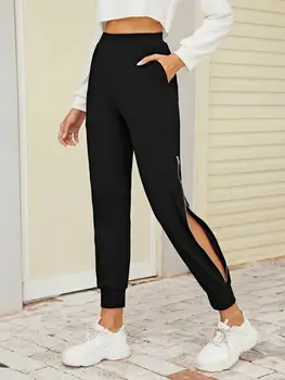 

Women's Black Pant 2019 New Fashion High Waist Zipper Hem Elastic Waist Sportwear Long Sweatpants Trousers Jogging For Femme