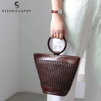 

SC Vintage Cow Leather Women Bucket Bag Quality Genuine Leather Woven Design Handbag Ladies Round Handles Totes Female Crossbody