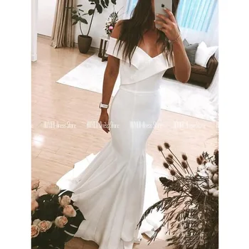 

V Neck Mermaid Wedding Dress 2020 White Off The Shoulder Zipper Up Back Wedding Party Dress Satin Bridal Gowns Vestido De Novia