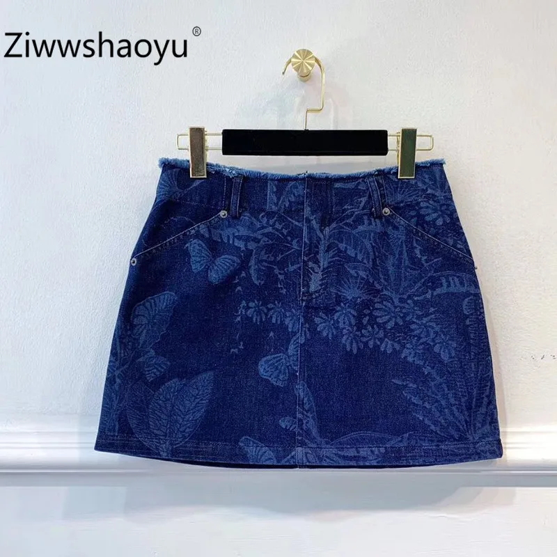 

Ziwwshaoyu 2019 New Designer Fashion Denim Mini Skirt Women High Quality Printed A-Line Skirt