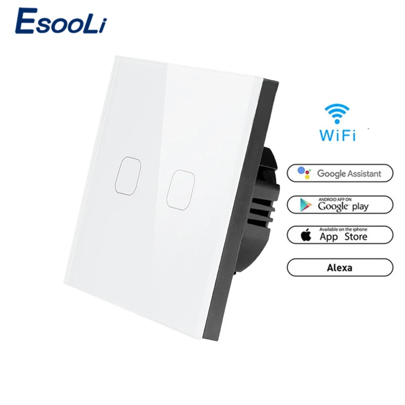 Esooli wifi умный сенсорный выключатель приложение беспроводной пульт дистанционного света настенный выключатель Хрустальная стеклянная панель работает с Alexa/Google Home - Цвет: WiFi White 2 gang
