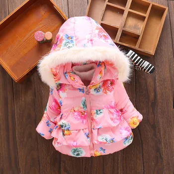 

Baby winter new coat girl cotton jacket baby flower print plus velvet thick warm girl baby fur collar hooded coat jacket