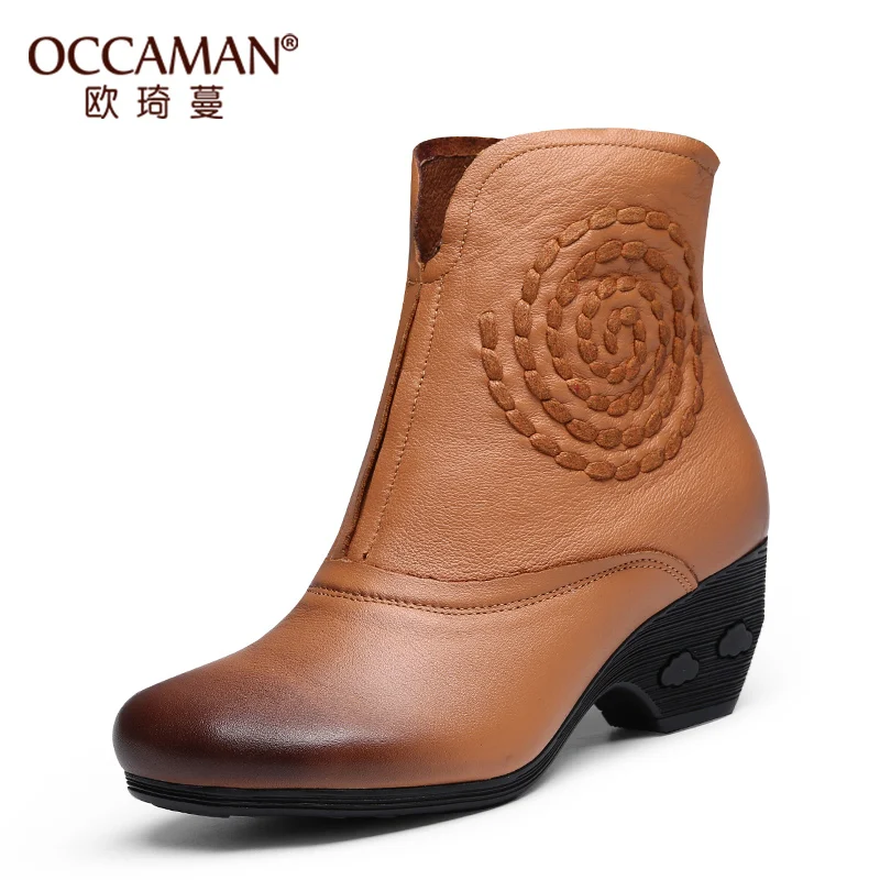 

OCCAMAN Comfortable Leather Genuine Ladies Footwear Square Heels Mixed Colors Women Casual Boots 5632