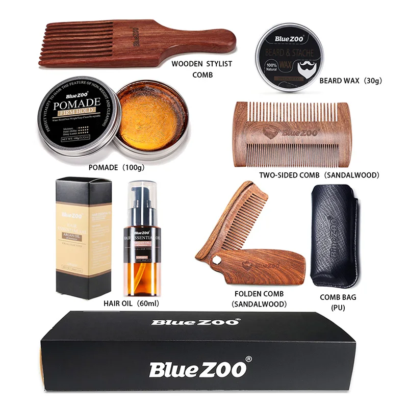 7Pcs/Set Men Beard Kit Hair Wax Beard Balm Edge Control Styling Tool Balm Comb Moisturizing Wax Styling Moustache Kit Beard Care
