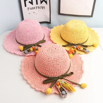 

Baby boy and girl hats Handmade children's straw hat bow ball girl princess summer new baby sun hat fisherman bucket hat caps