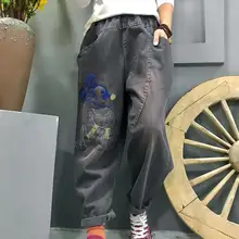 Новые весенние свободные джинсы большого размера с вышивкой Микки Мауса, женские штаны-шаровары с эластичной резинкой на талии