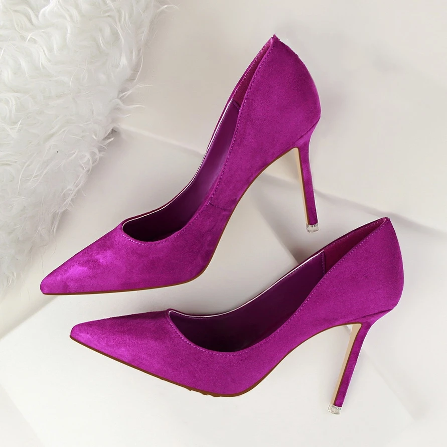 

New Women Pumps Classice High Heels Shoes Fashion Suede Flock Purple Sexy Slim Pointed OL Office Singles Heeled Shoes 34 G516-1