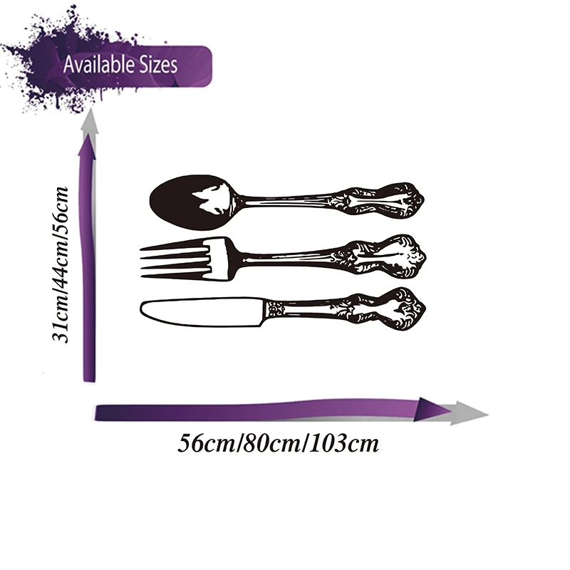 Large 3 Pcs Silverware Fork Spoon Knife Cabinet Door Wall Sticker Silverware Kitchen Tools Cabinet Wall Decal Kitchen Vinyl Deco (1)