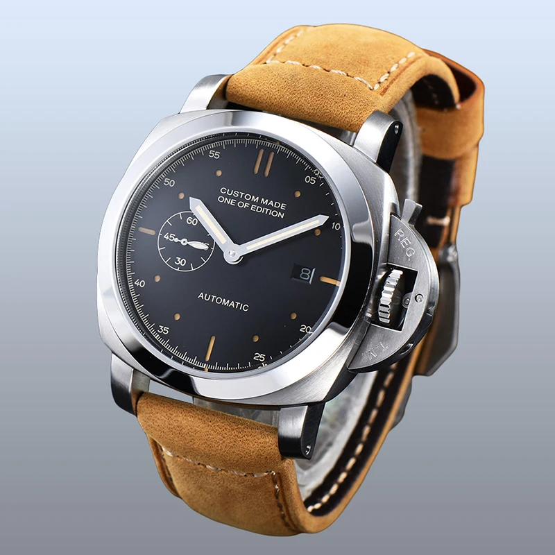 

Huayra Watch movement automatic winding men's 44mm silver stainless steel case luminous hand mineral glass leather strap N122-1