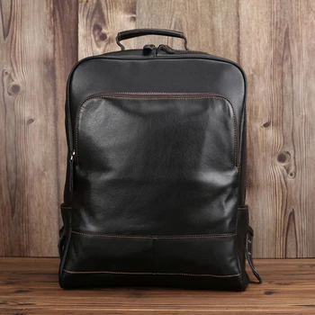 

Casual Full Grain Leather Mens Daypack Genuine Cowhide Laptop Backpack Big Capacity Travel Backpacks