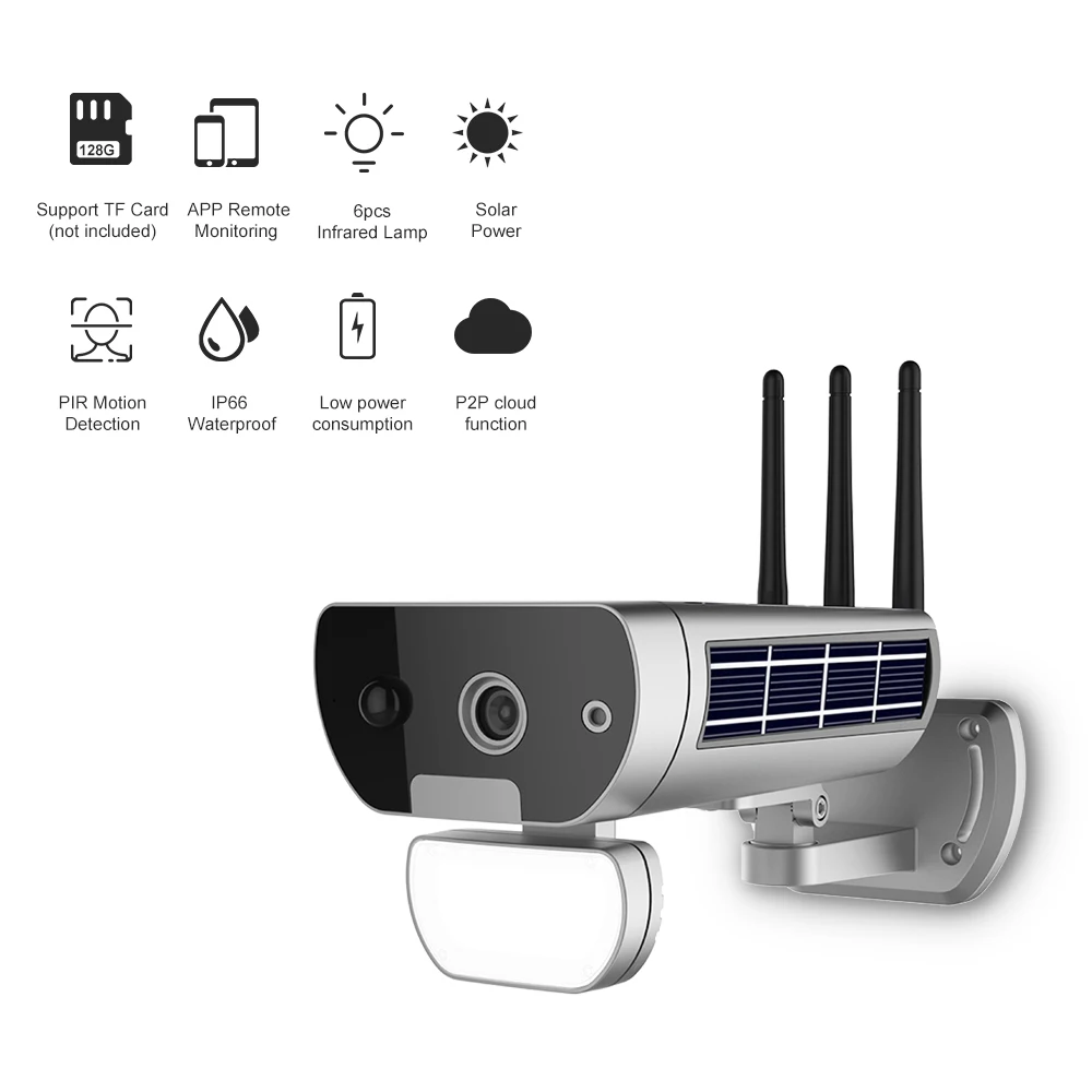 

Wireless HD 1080P WiFi Solar Power Bullet IP Camera IR-CUT Night Vision PIR Motion Detection Waterproof Thunderproof Security