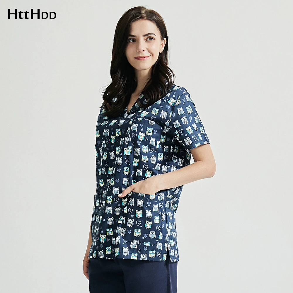 

High quality Short Sleeve scrubs Tops with pockets Fashion Uniforms pet shop workwear Beauty salon print Breathable scrubs tops