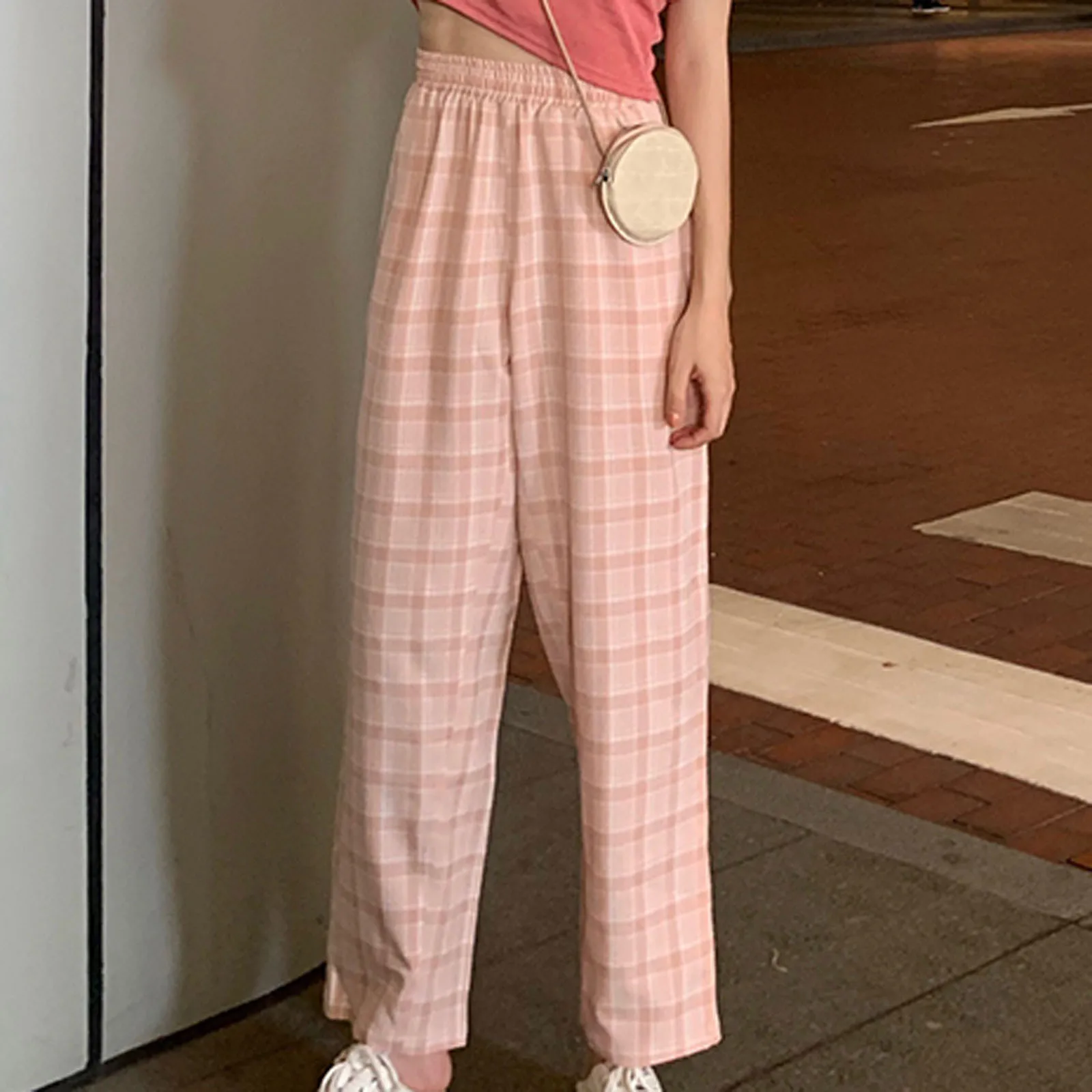 Pantalones a cuadros informales para mujer, pantalón largo de pierna ancha y cintura alta, color Beige, rosa, acampanados, para primavera, 2021