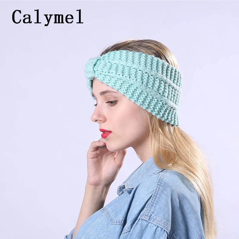 Calymel Fashion Women Solid Knit Wool Headband Earmuffs Warm Woolen Crochet Turban Handmade Wide HeadWrap |