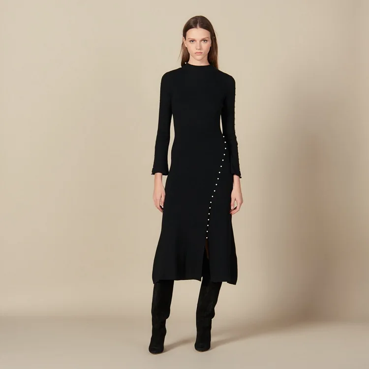 

2019 Autumn New Pearl Slimming and Thin Open Forked Retro Knitted Dress Button Flare Sleeve O-Neck black women dress