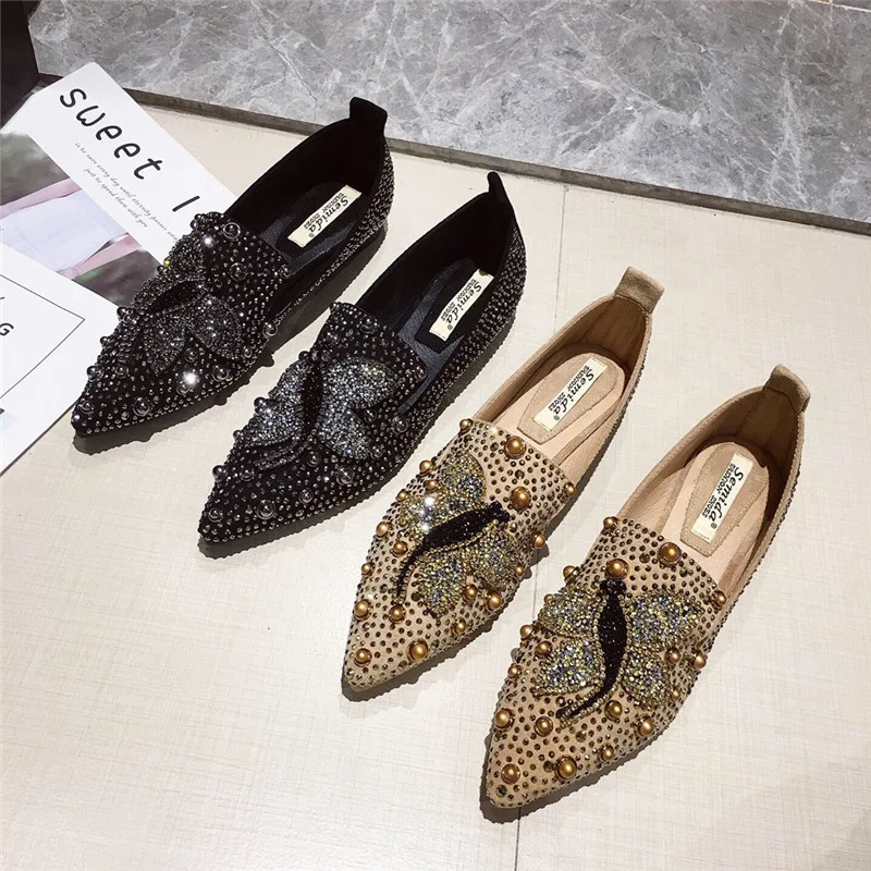 

SWYIVY Woman Flats Shoes Rhinestone Crystal Spring Autumn Single Shoes Pointed Toe Casual Comfortable Flats Loafers Shoes Basic