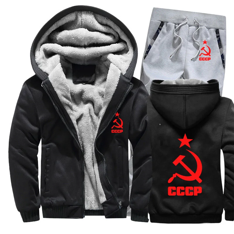 Зимний флисовый утепленный спортивный костюм CCCP, русские толстовки, мужские повседневные теплые свитшоты из СССР и Советского Союза, куртка+ штаны, комплекты из 2 предметов