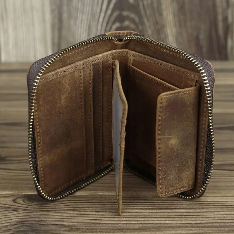 Short Organizer Wallet Man With Zipper Around Genuine Leather Male Coin Purse Crazy Horse Leather Card Holder For Boys Vintage Short Organizer Wallet Man With Zipper Around Genuine Leather Male Coin Purse Crazy Horse Leather Card Holder For Boys Vintage